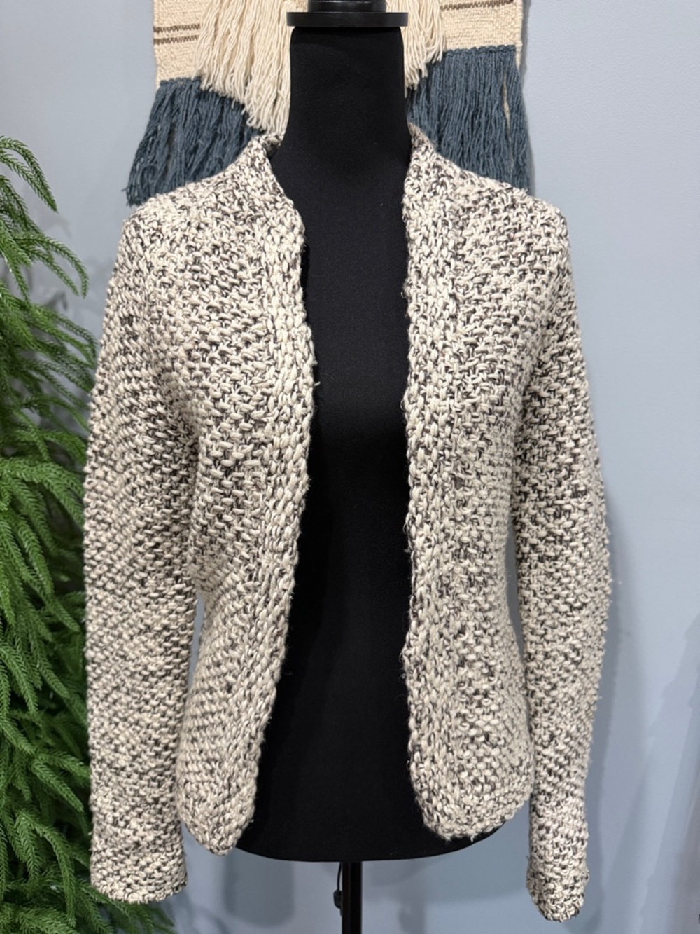J.Crew Small Wool Lambswool Chunky Knit Open Cardigan Sweater Marled Cream Brown